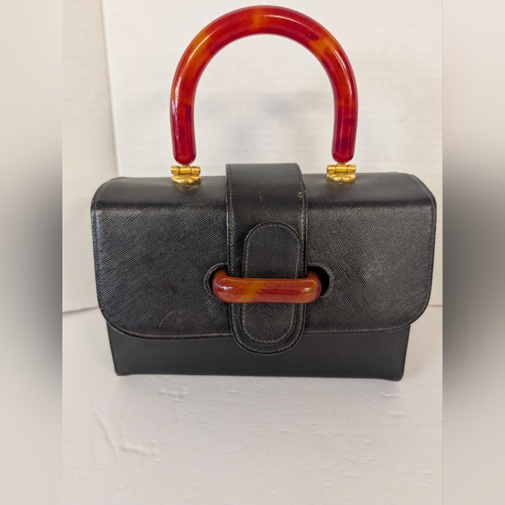 Vintage I. Magnin Bag Black with Lucite Handle Grace Kelley Style
